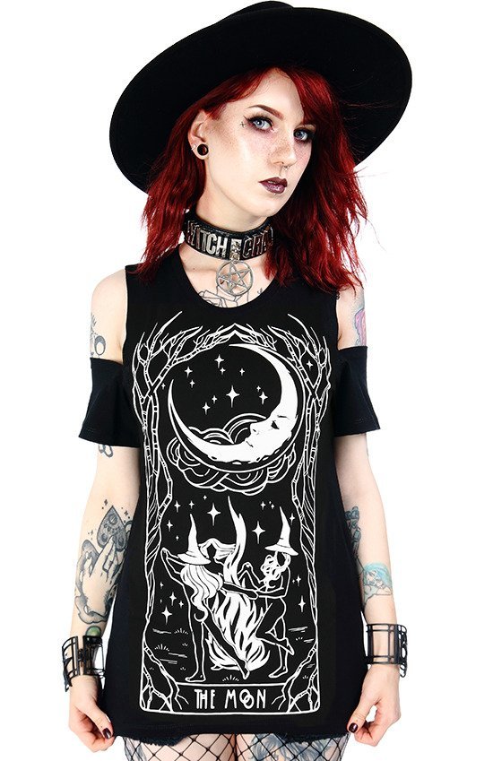 Black women`s t-shirt cold shoulder WITCHES CHANT - Restyle